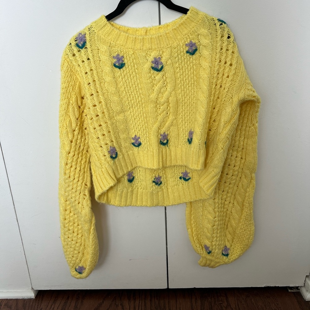 For Love & Lemons - Yellow Cable Knit Sweater with Floral Accents